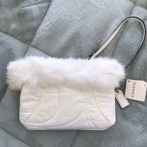 Coach White Satin Wristlet with Fur Trim NWT